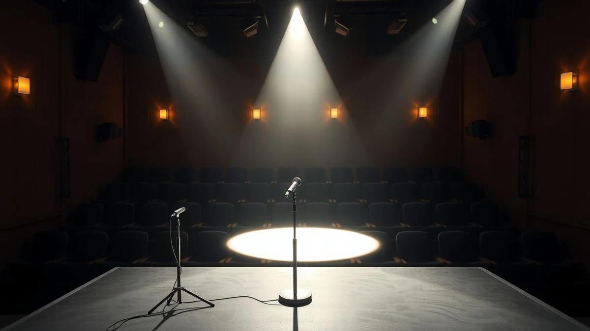 Imagen ilustrativa: un escenario vacío con un micrófono y un foco de luz, asientos de auditorio al fondo.