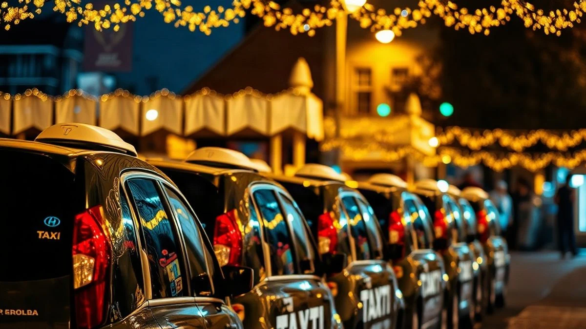 Imagen ilustrativa: parada de taxis vacía de noche con luces festivas al fondo