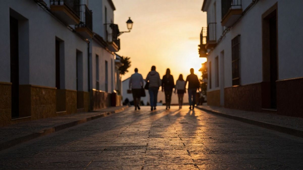 Illustrative image: a newly paved street in an Andalusian village at sunset, backlit and without people