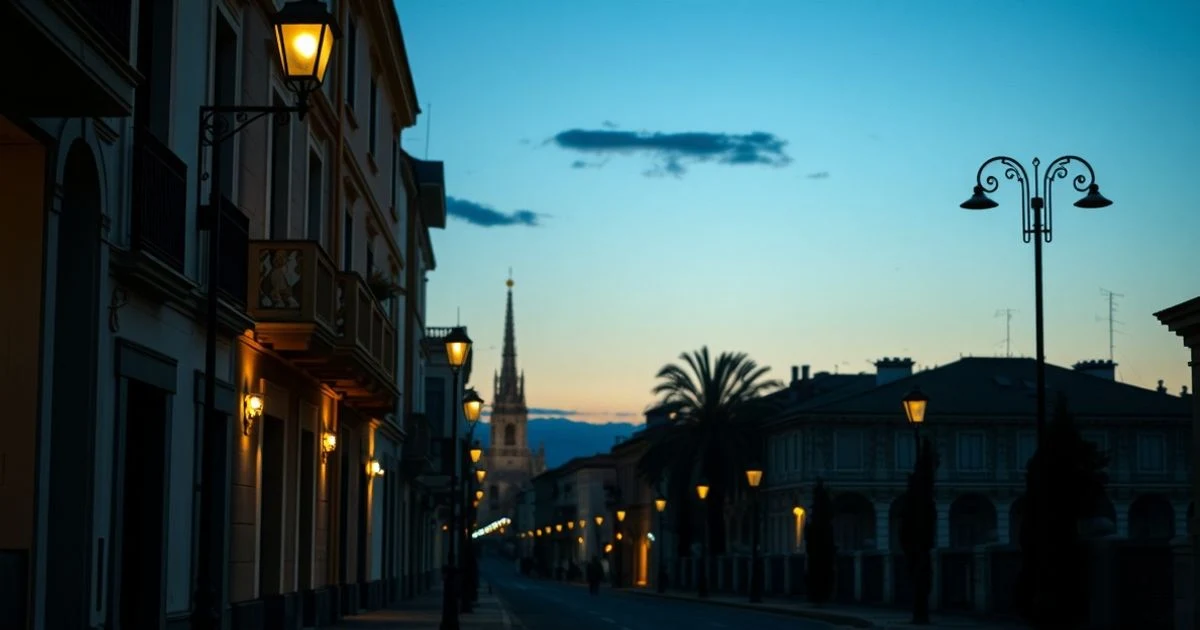 Salamanca Avenue in San Pedro Alcántara with new LED streetlights at sunset