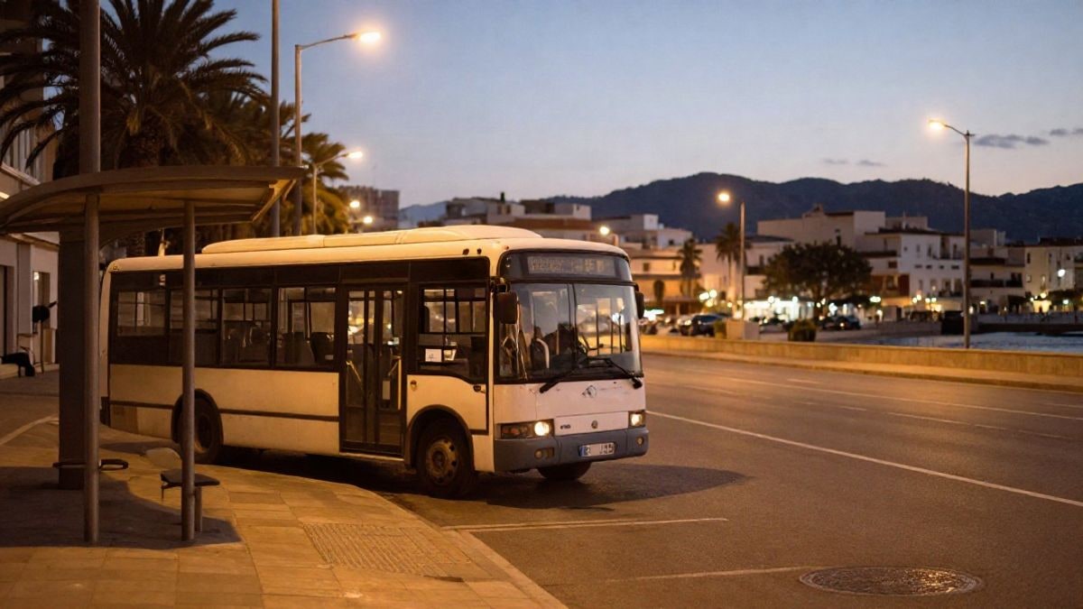 Illustrative image: shuttle bus parked at a stop in a coastal town at sunset