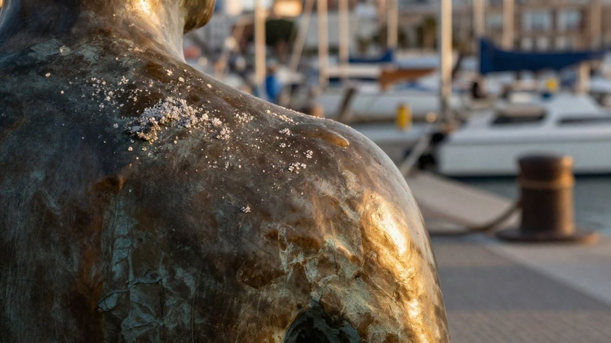 Illustrative image: detail of the surface of a bronze sculpture next to a Mediterranean port