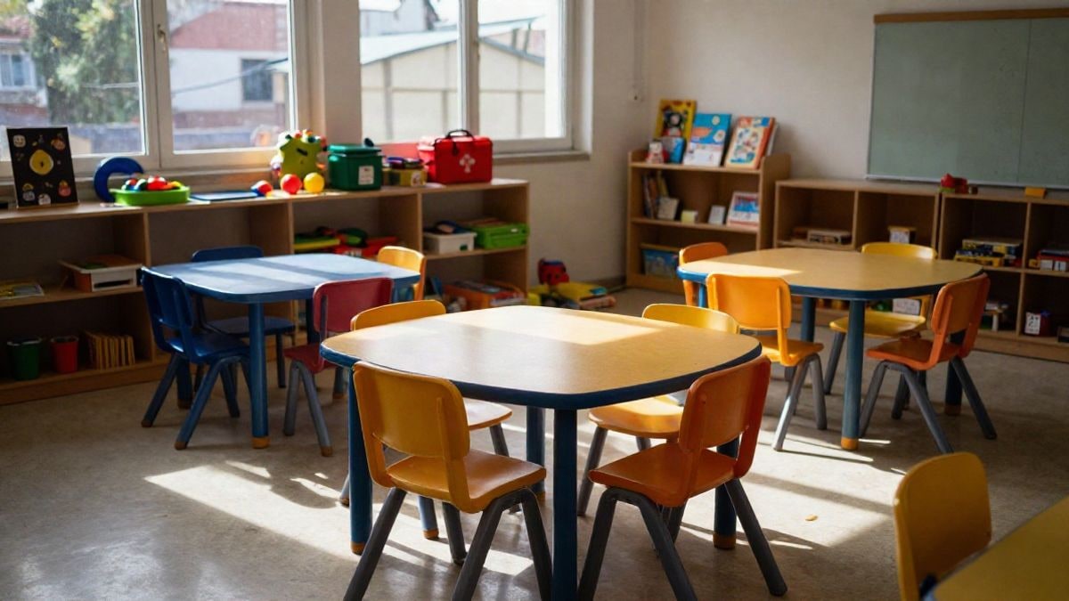 Illustrative image: empty nursery classroom with small tables and chairs, shelves with toys, and a first aid kit on a shelf