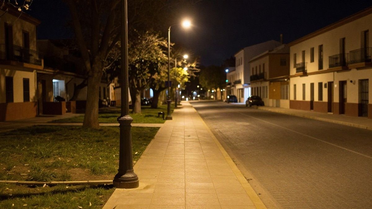 Illustrative image: a residential street at night illuminated by streetlights