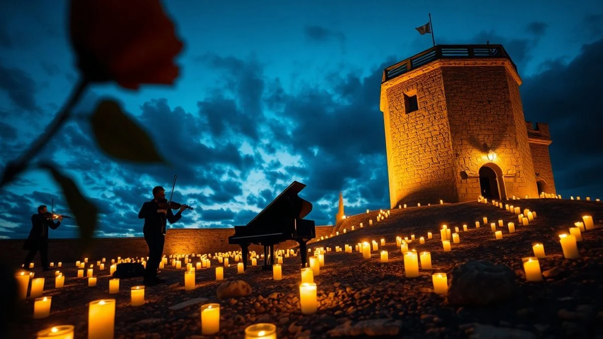 Imagen ilustrativa: torre de vigilancia costera iluminada por velas al atardecer, con un piano de cola en primer plano