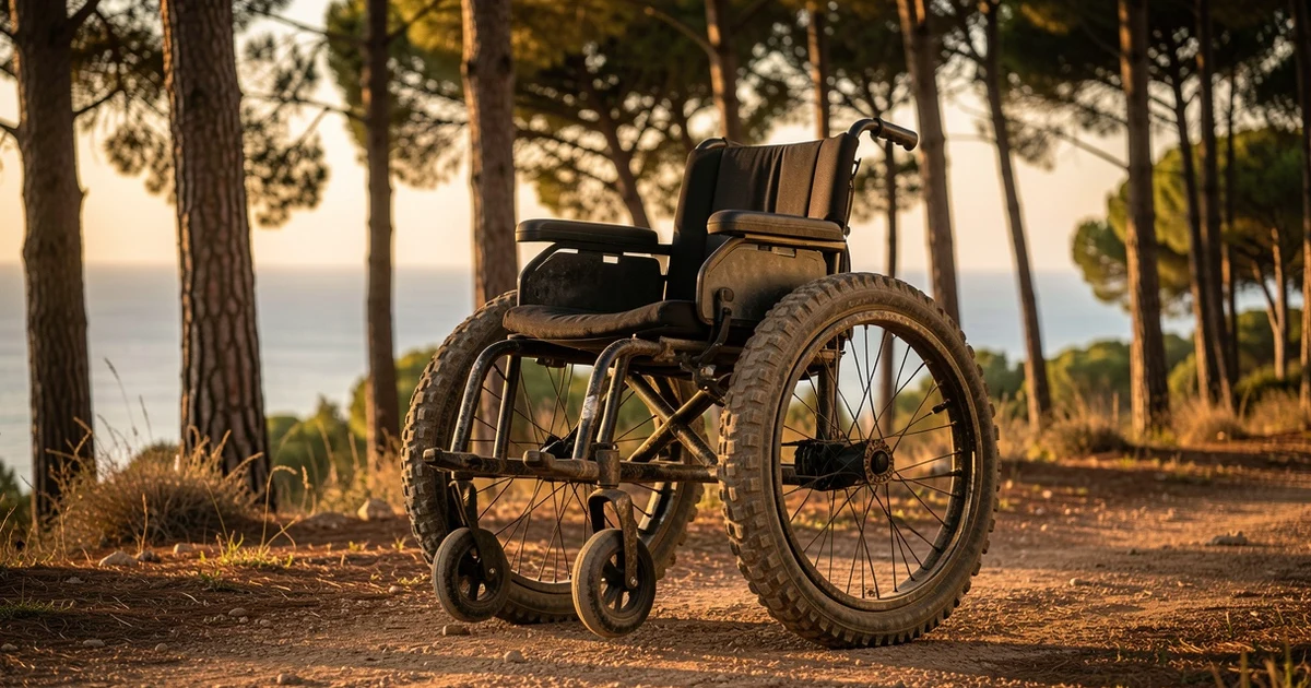 Silla de ruedas todoterreno en un sendero de tierra junto a un pinar, al atardecer