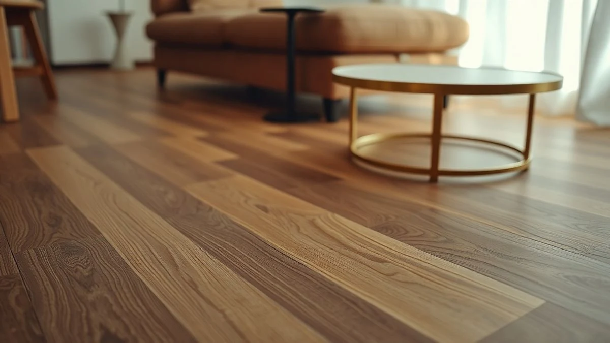 Suelo de madera en espiga con mesa ratona circular y sofá neutro en salón luminoso