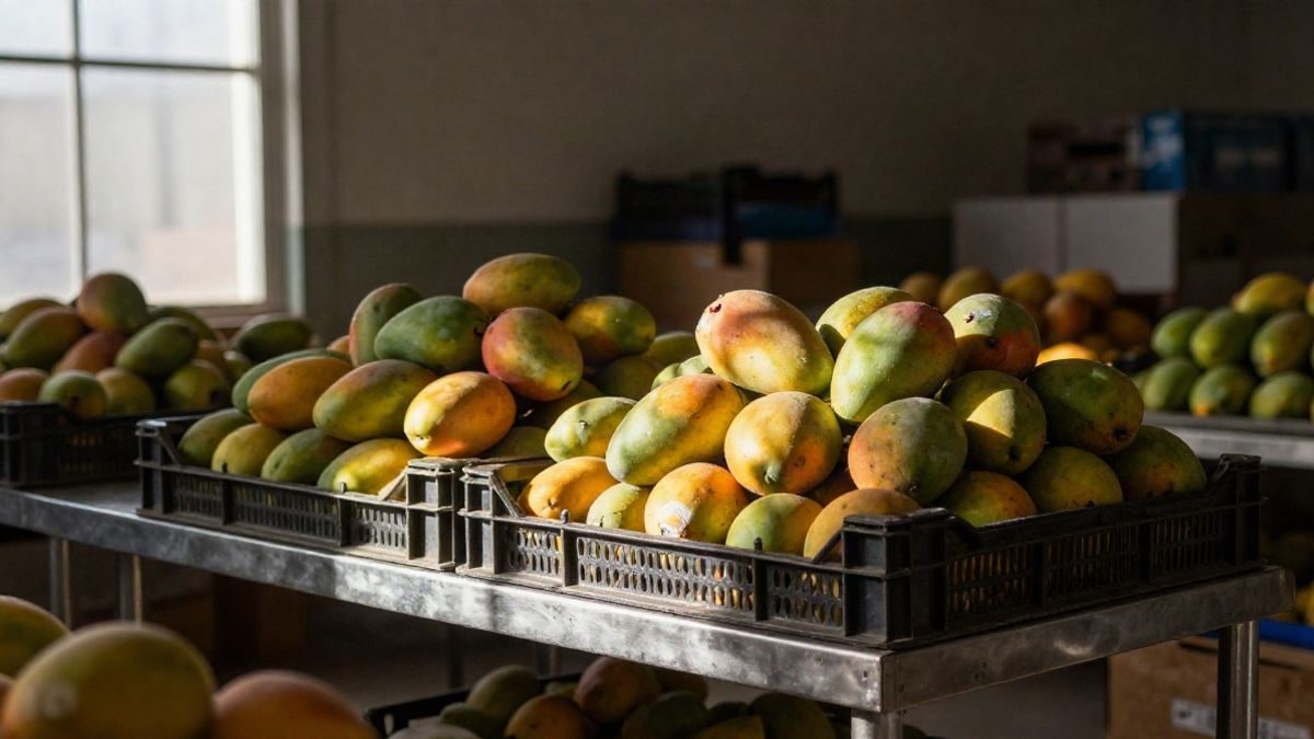 Illustrative image: boxes of mangoes in a packing shed with side window light