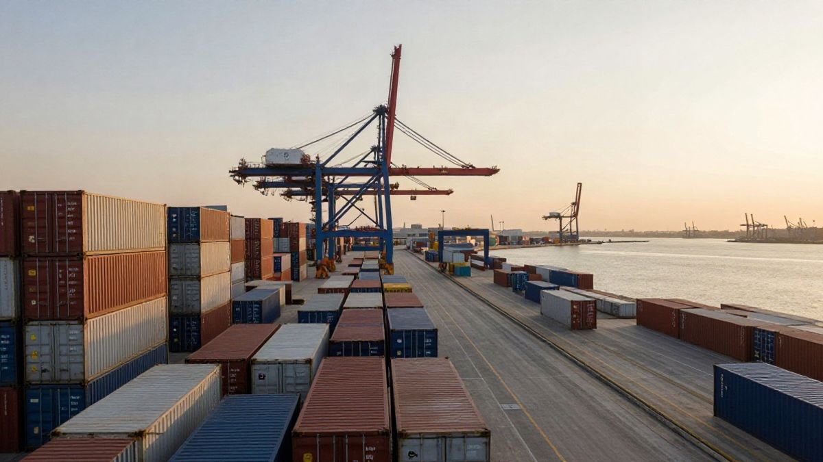 Imagen ilustrativa: gran angular de una terminal portuaria de contenedores con líneas que convergen hacia el horizonte al atardecer