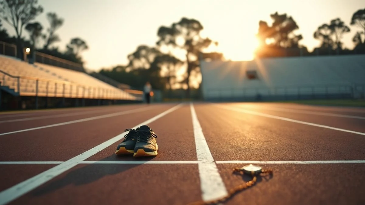 Imagen ilustrativa: zapatillas de deporte y un cronómetro sobre la línea de salida de una pista de atletismo vacía al amanecer.