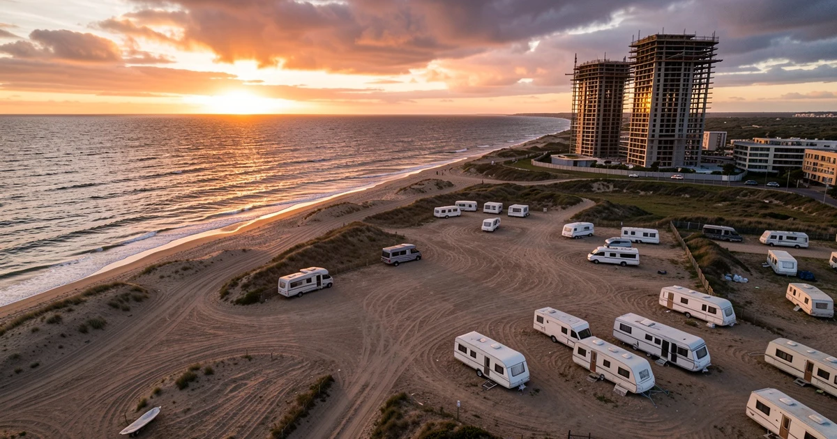 Vista aérea de un solar con caravanas junto a la playa y una torre de lujo en construcción al fondo
