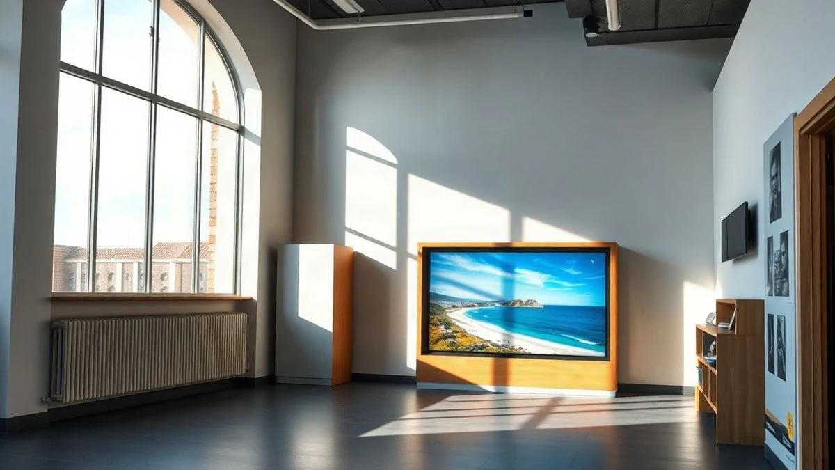 Imagen ilustrativa: interior de una oficina de turismo moderna con pantalla digital y luz natural, sin personas.