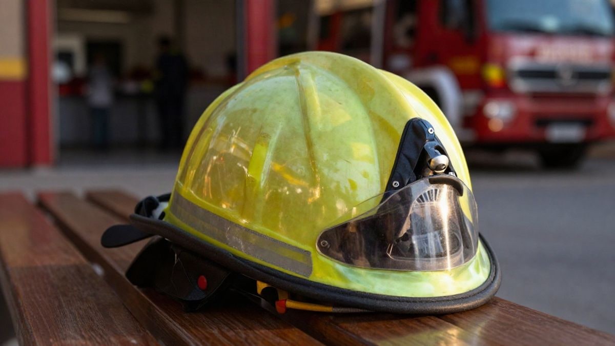 Illustrative image: close-up of a firefighter's helmet on a wooden surface in a park