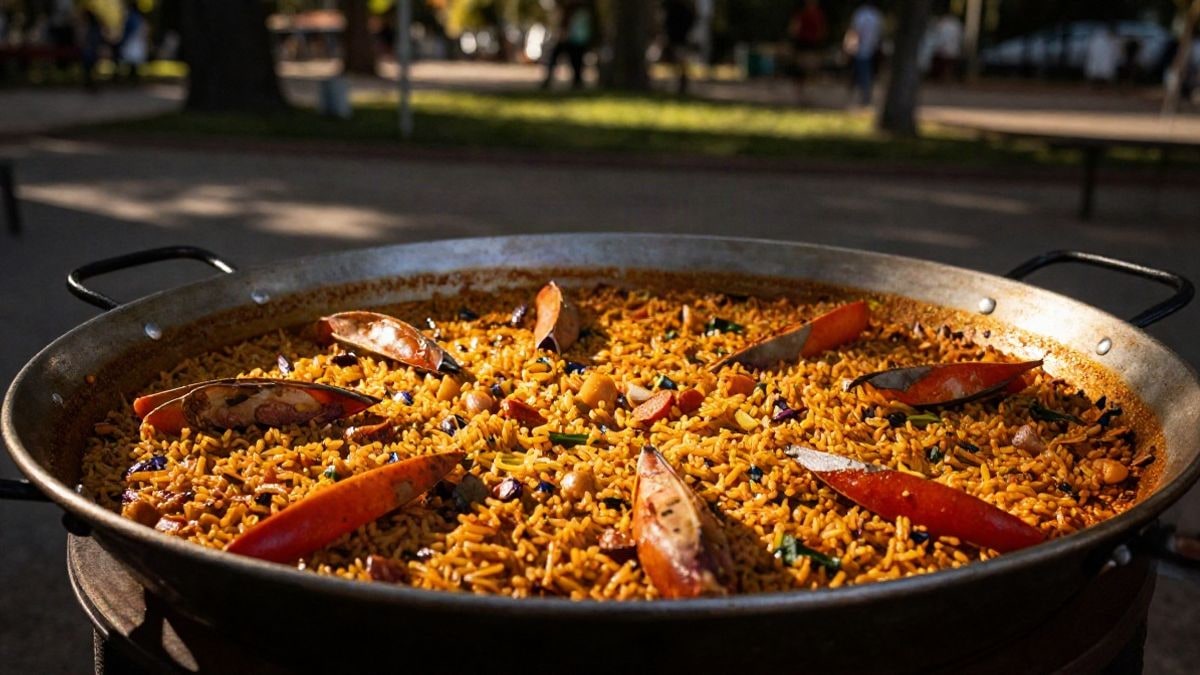 Imagen ilustrativa: primer plano de una paella al aire libre con luz de atardecer y fondo de parque desenfocado