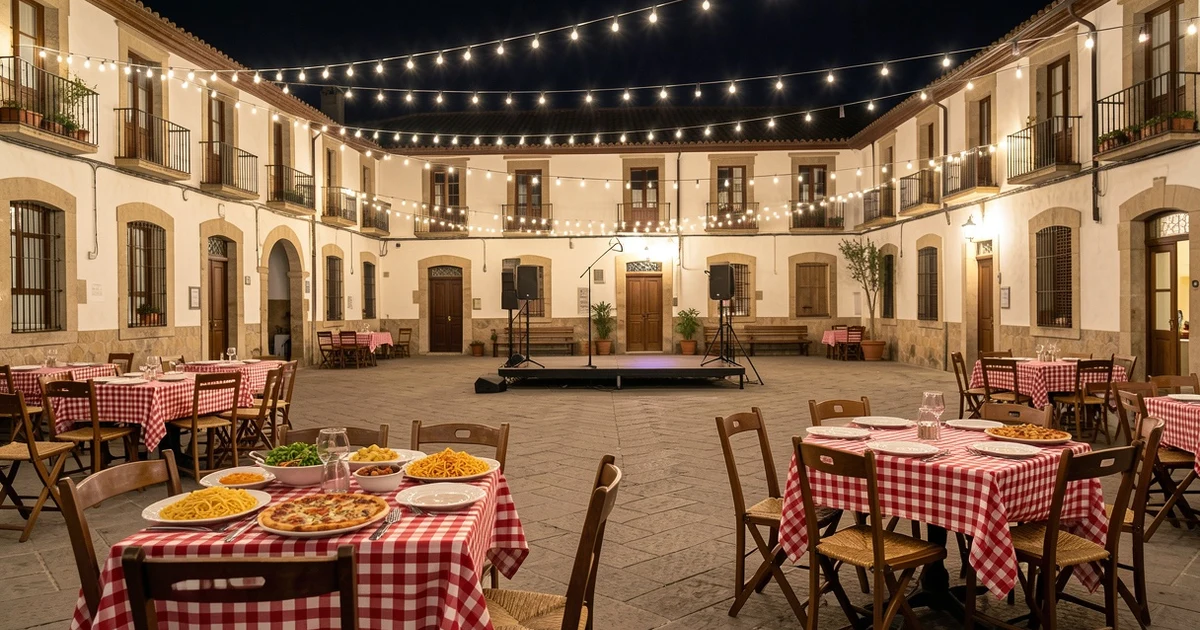 Plaza de toros de Torremolinos decorada como piazza italiana con mesas y luces