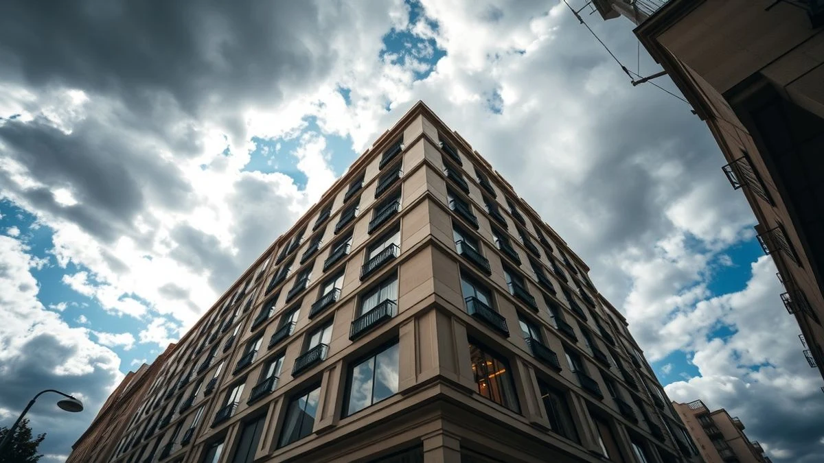 Facade of a modern hotel from a low angle with sky in the background