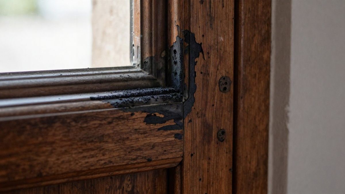 Illustrative image: close-up of a door blackened by smoke after a fire