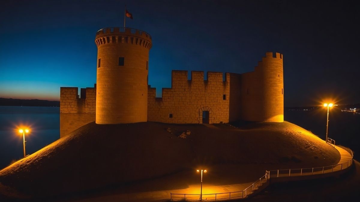 Imagen ilustrativa: ruinas de un castillo iluminadas en lo alto de una colina al atardecer, con el mar de fondo.