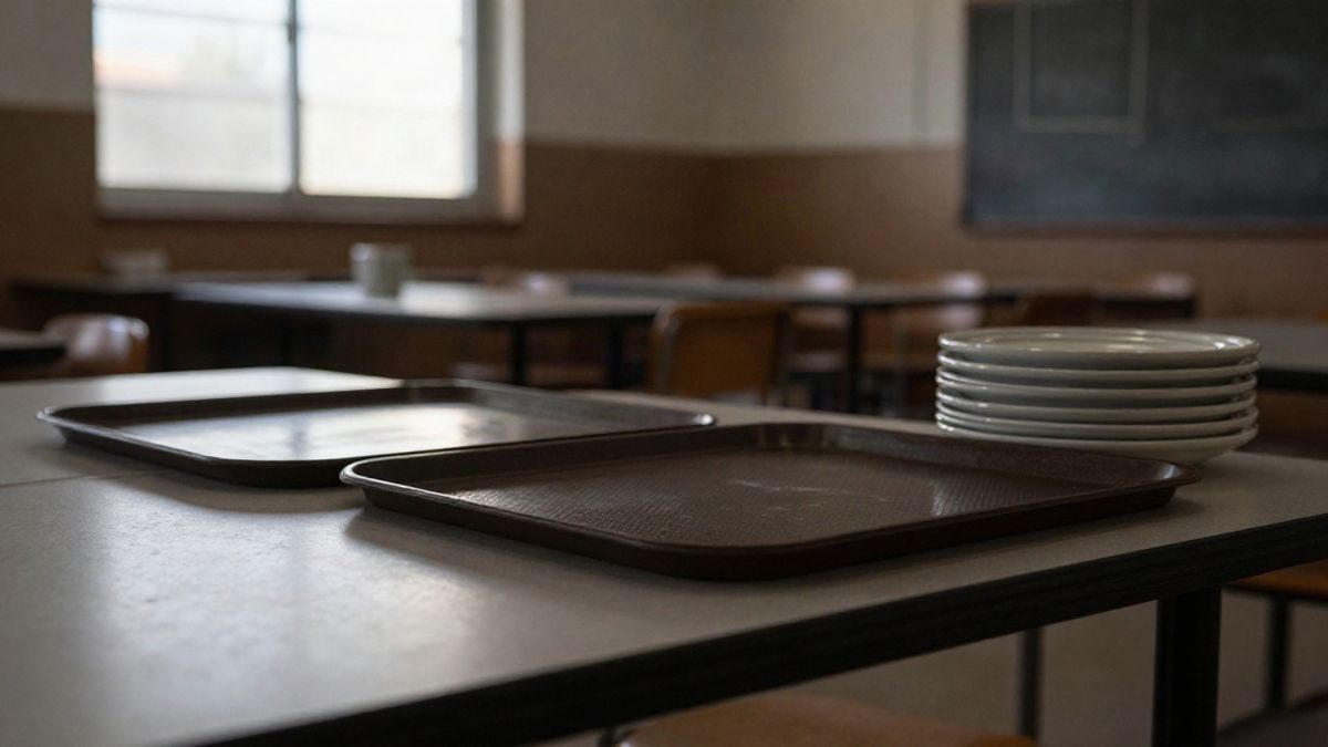 Imagen ilustrativa: bandejas y platos apilados en una mesa de un comedor escolar vacío con luz natural