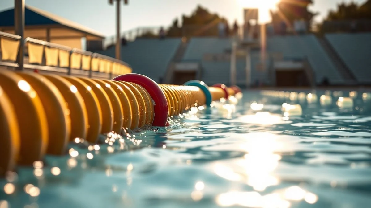 Imagen ilustrativa: primer plano de una cuerda de calles de piscina con flotadores de colores y gotas de agua al sol.