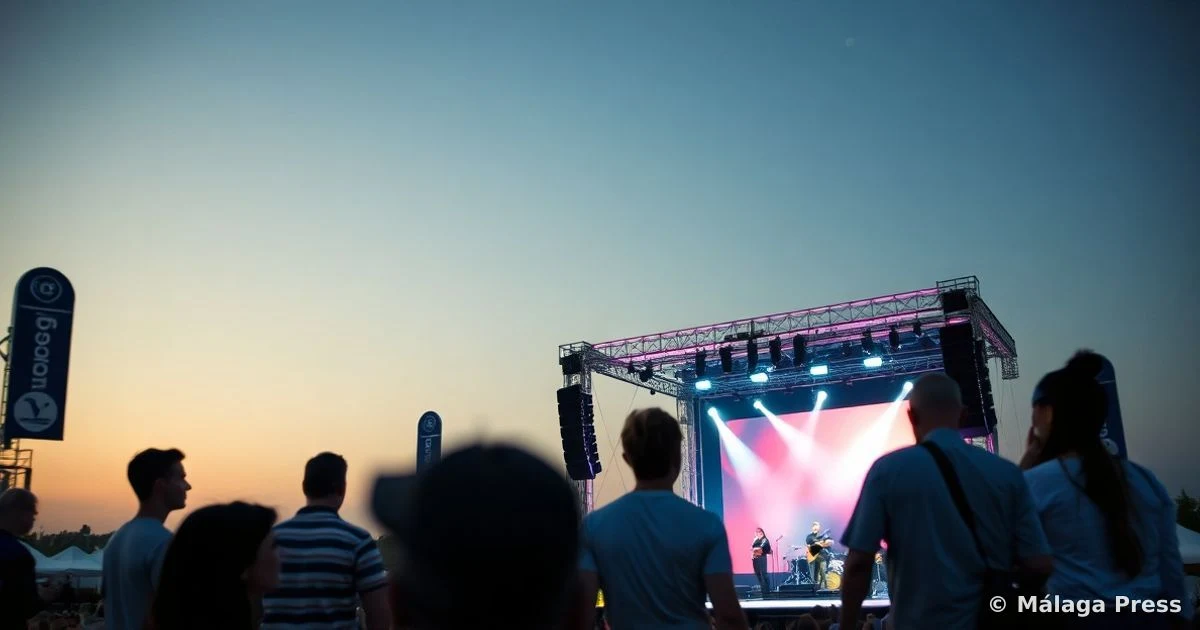 Escenario vacío de un festival de música al atardecer en Marbella con un micrófono iluminado por un foco