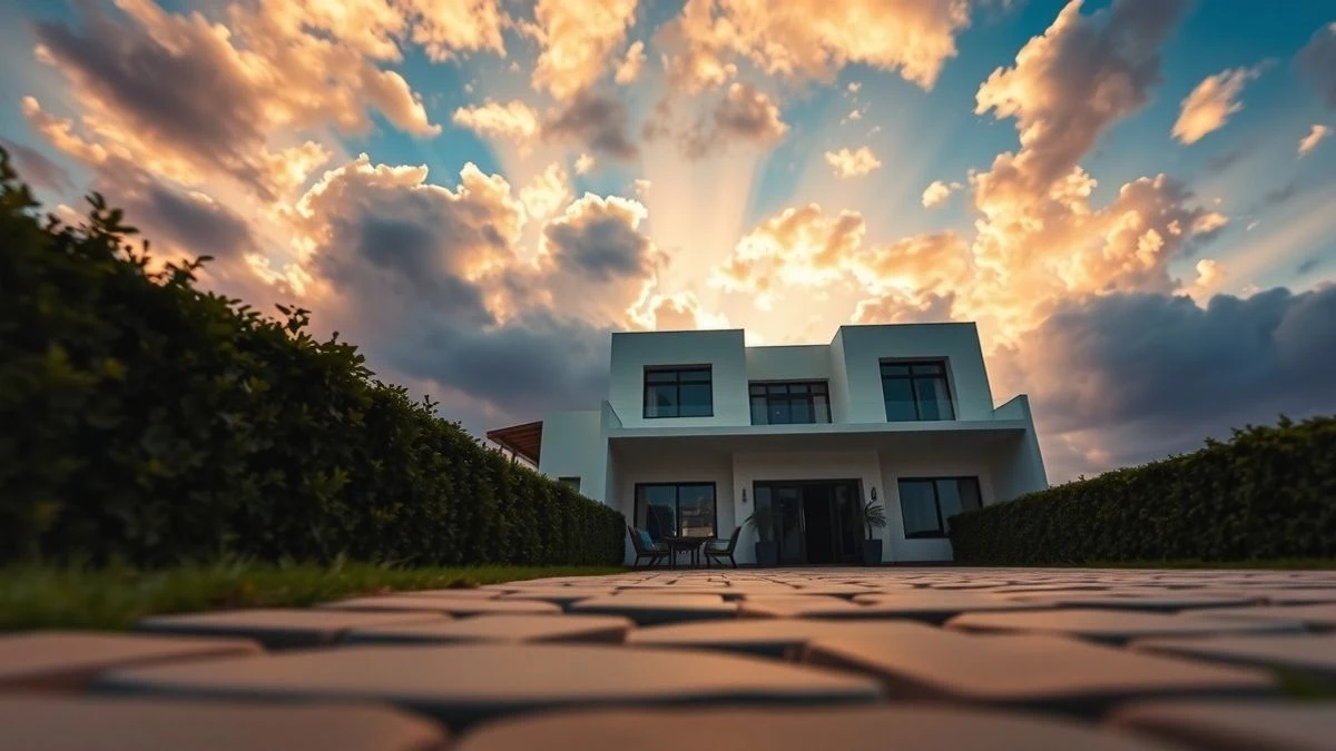 Imagen ilustrativa: vista en ángulo bajo de la entrada de una villa de lujo con diseño moderno al atardecer.