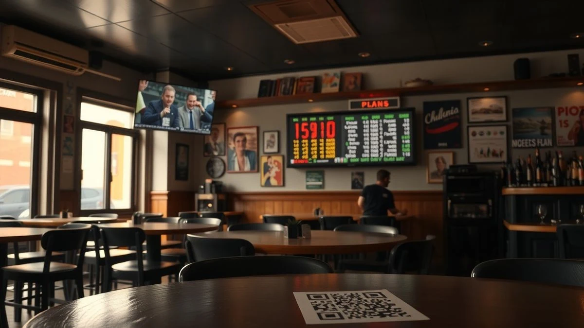 Interior of a bar with a television screen showing bingo numbers and a QR code on a table