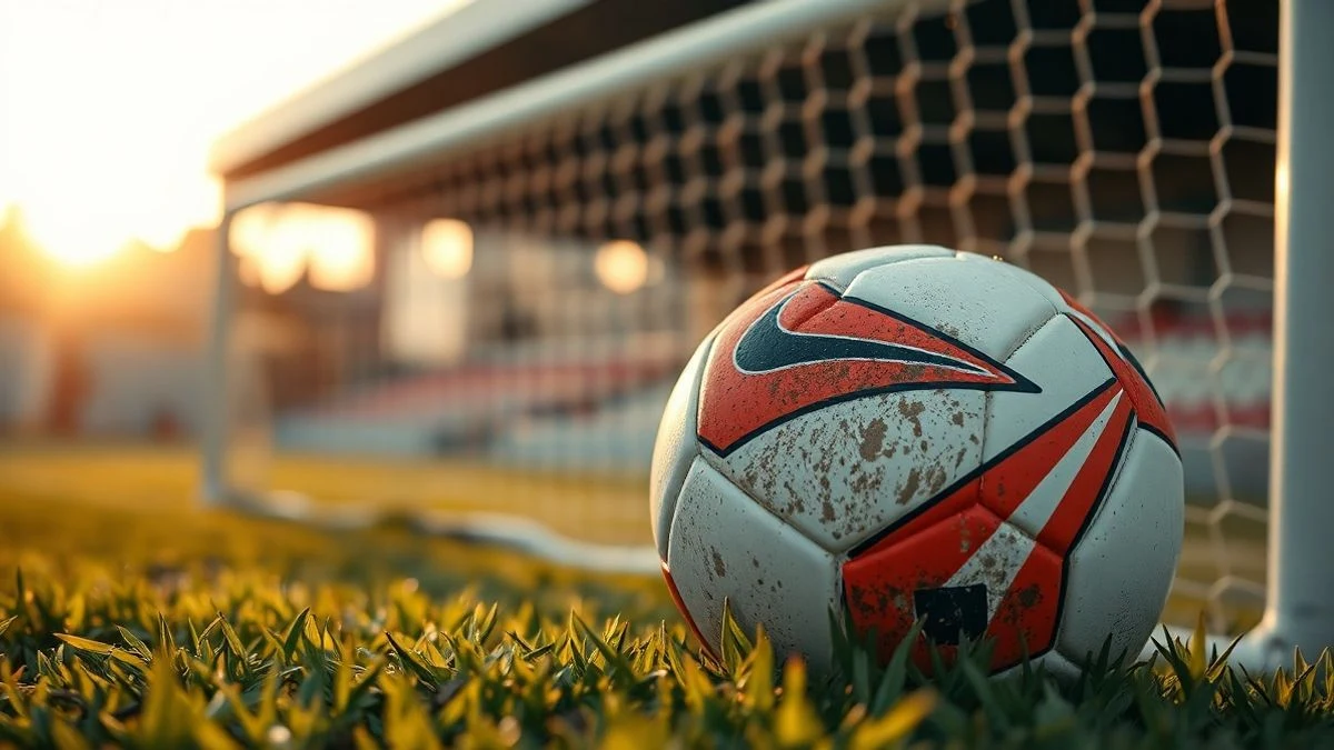 Primer plano de un balón de fútbol desgastado sobre el césped de un estadio, con una portería al fondo desenfocada al atardecer.