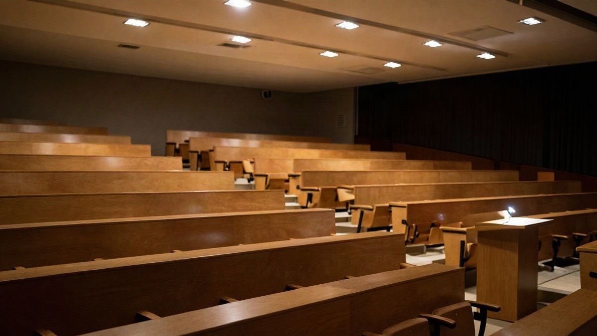 Imagen ilustrativa: un aula universitaria vacía iluminada con luz artificial nocturna