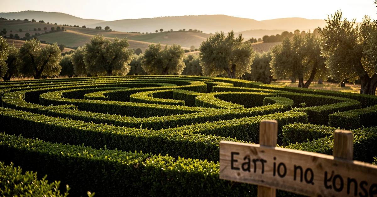 Vista de un laberinto vegetal en un paisaje rural andaluz al atardecer