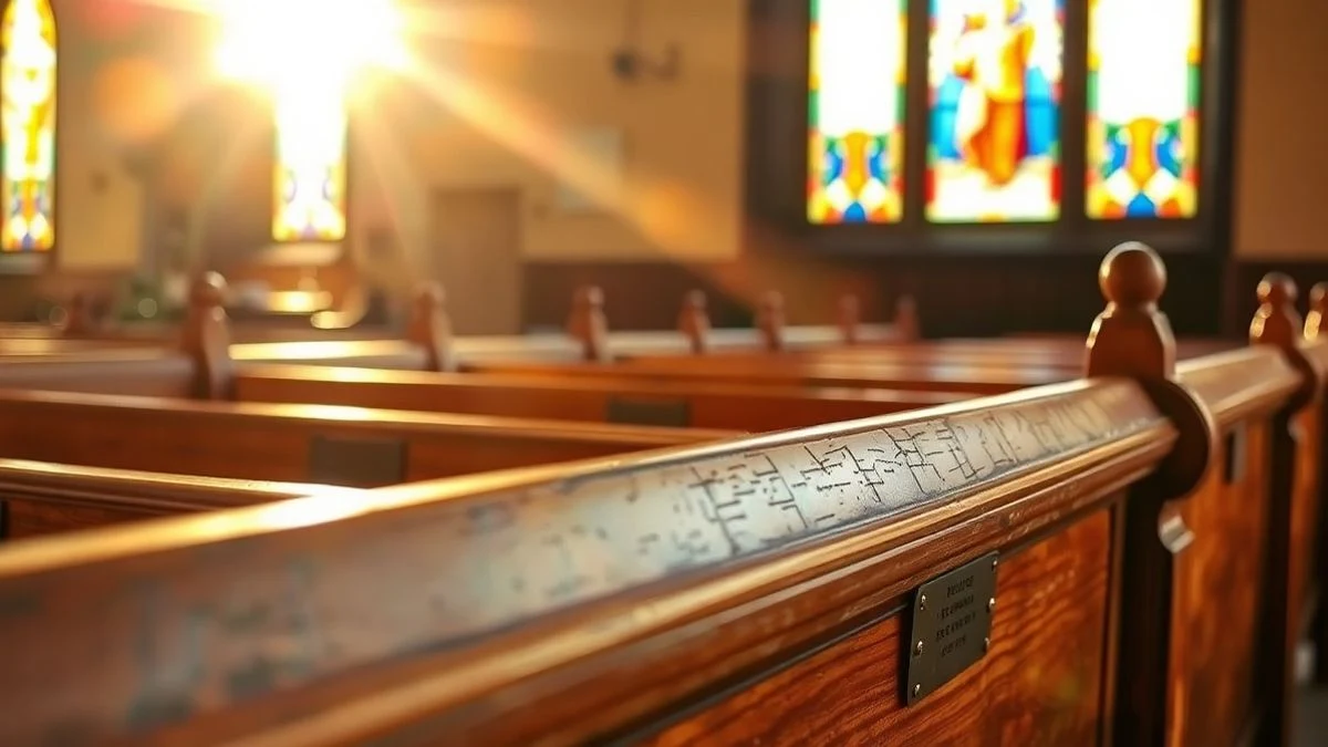 Imagen ilustrativa: detalle de un banco de madera de iglesia con la luz del atardecer filtrándose a través de una vidriera
