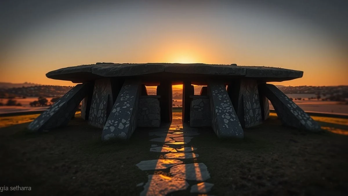 Vista del dolmen de Menga al atardecer, con el pasillo de piedras convergiendo hacia la entrada