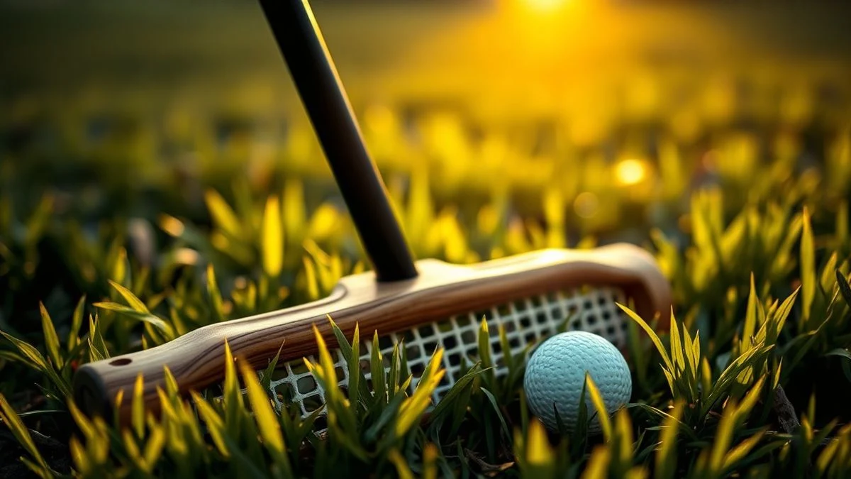 Primer plano de un taco de polo y una bola sobre el césped, con luz dorada de atardecer.