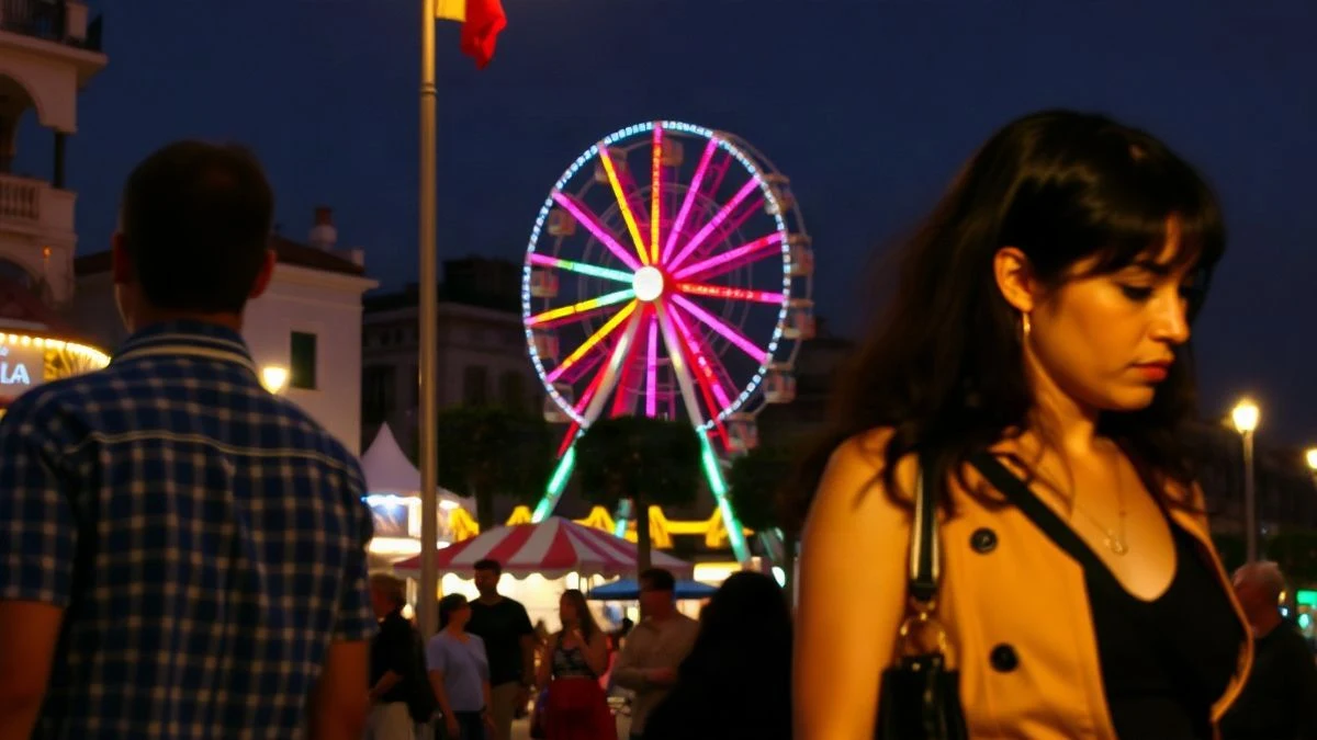 Imagen ilustrativa: caseta de feria iluminada con luces de colores y gente paseando al fondo