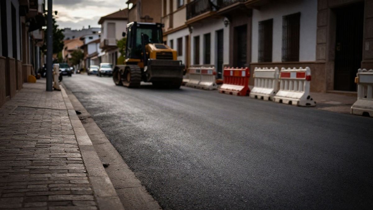 Imagen ilustrativa: calle residencial en obras con maquinaria y pavimento recién extendido