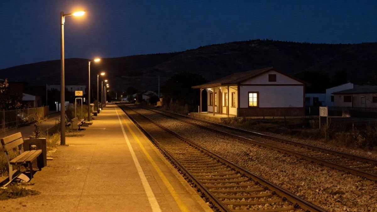 Illustrative image: platform of a rural train station lit by street lamps at night