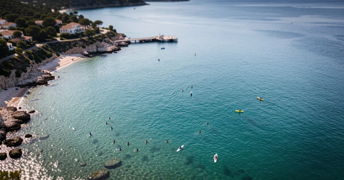 Vista aérea del litoral de Fuengirola con kayaks y snorkelers en el agua