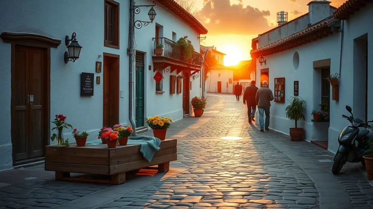 Imagen ilustrativa: una procesión religiosa en una calle empedrada de un pueblo andaluz al amanecer, con casas encaladas y macetas.