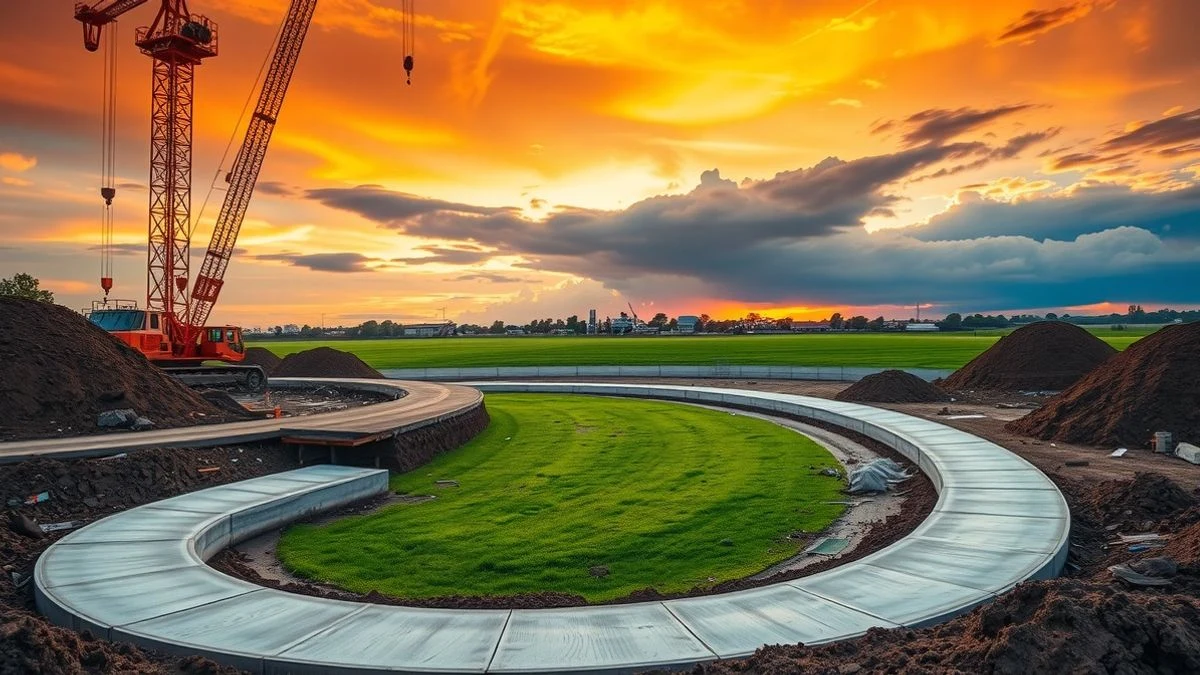 Construction of an oval velodrome with machinery and a football pitch in the background