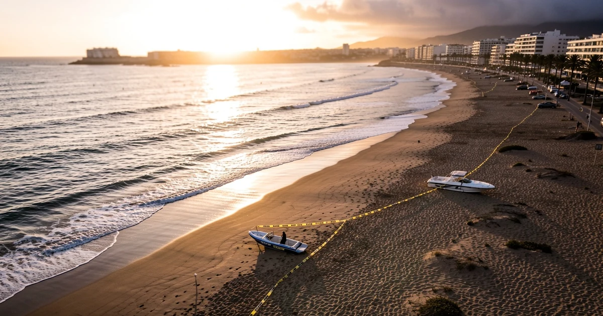Aerial view of Marbella's coast at sunset with police tape on the beach and a speedboat