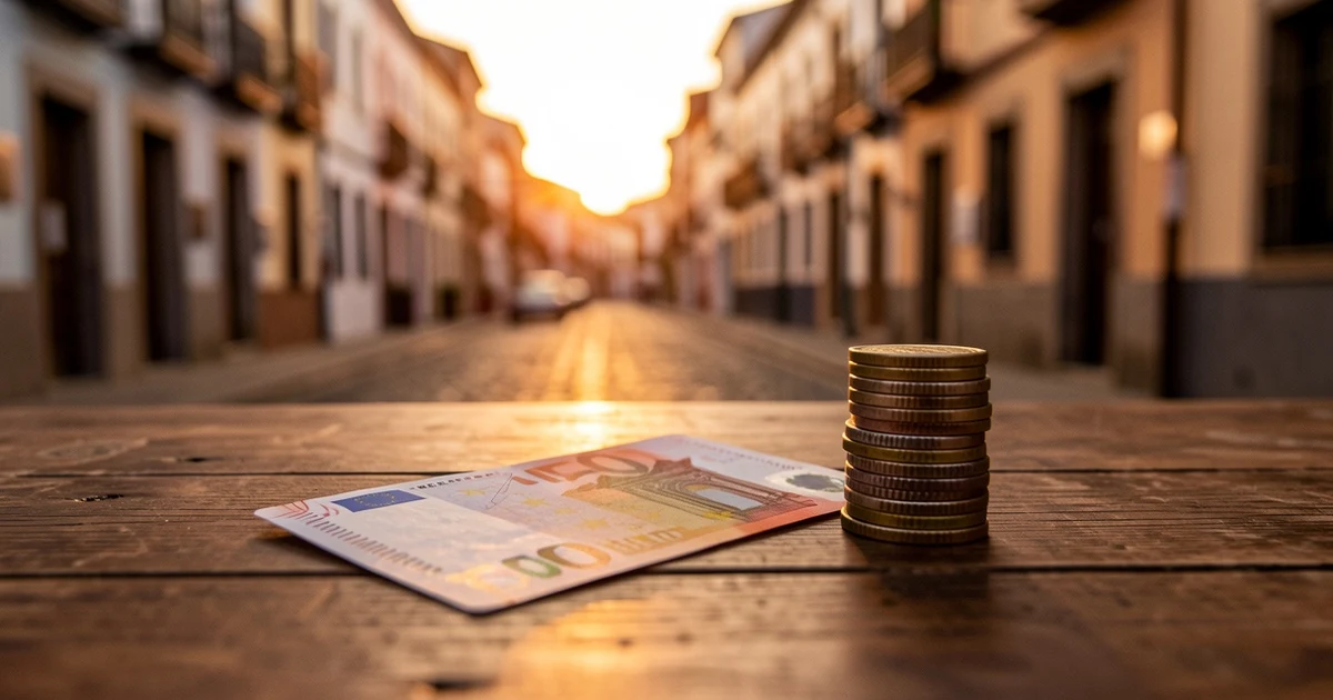 Cupón de lotería sobre una mesa de madera con monedas de euro, al atardecer