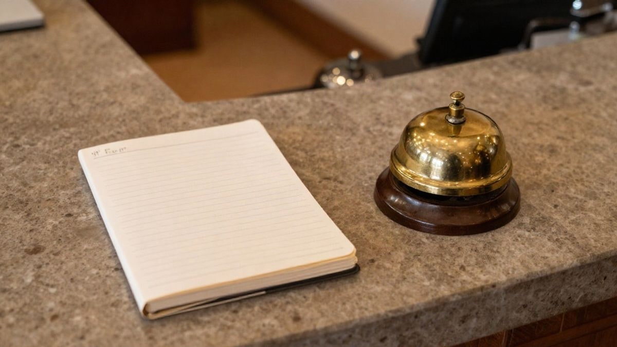 Imagen ilustrativa: vista cenital de la recepción de un hotel con un libro de visitas y un timbre