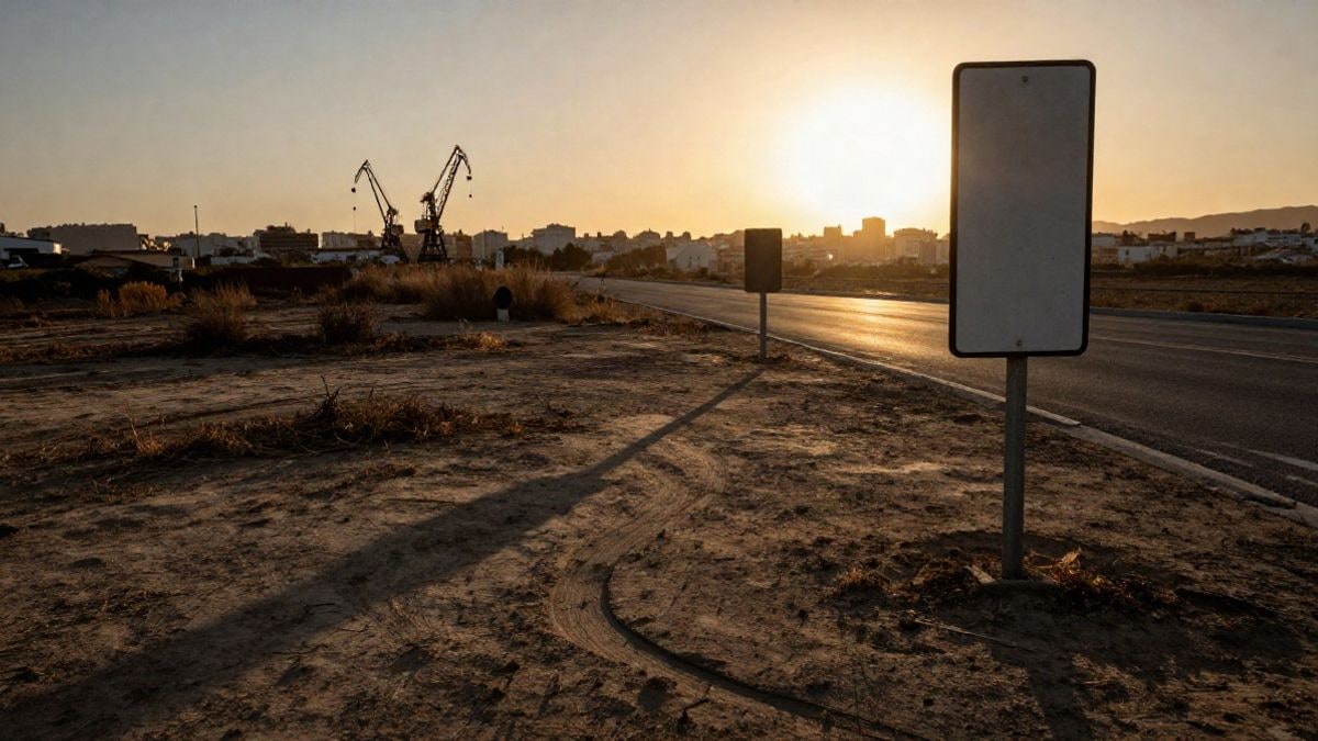 Imagen ilustrativa: terreno vacío con valla y grúas al atardecer, con sombras largas