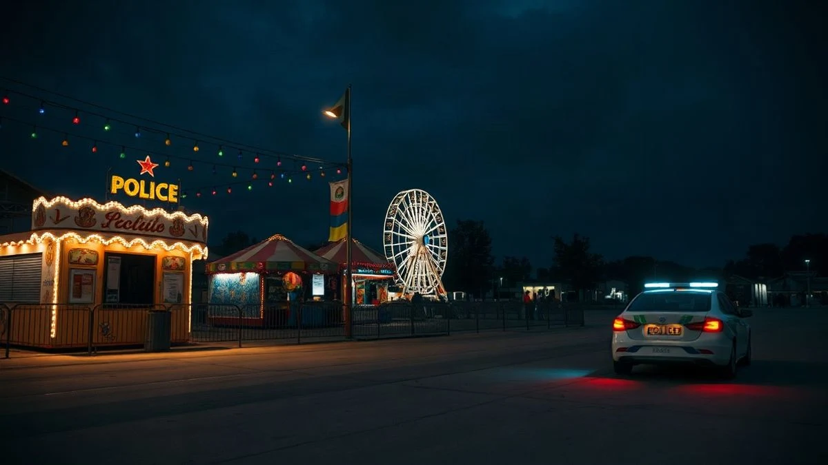 Illustrative image: an empty fairground at night, with colourful lights and a Ferris wheel in the background