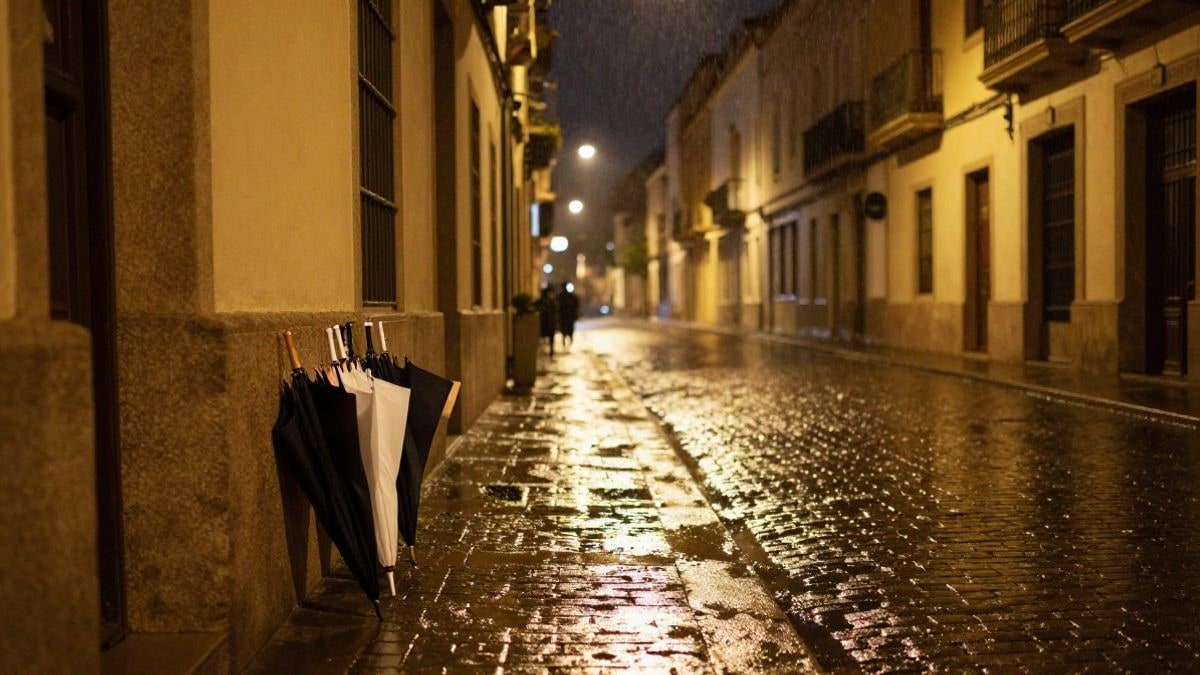 Imagen ilustrativa: calle nocturna mojada con farolas encendidas y reflejos en el suelo