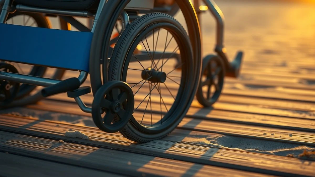Imagen ilustrativa: silla anfibia azul sobre pasarela de madera en una playa al atardecer