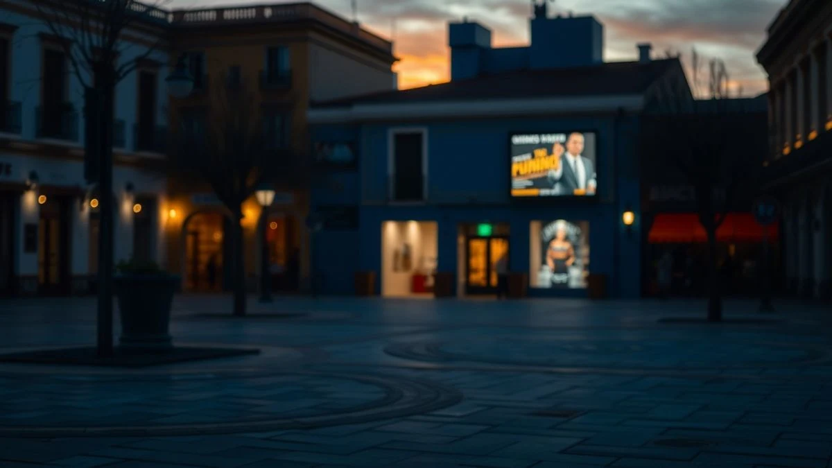 Plaza de un pueblo al atardecer con sombras largas y una fachada de cine al fondo