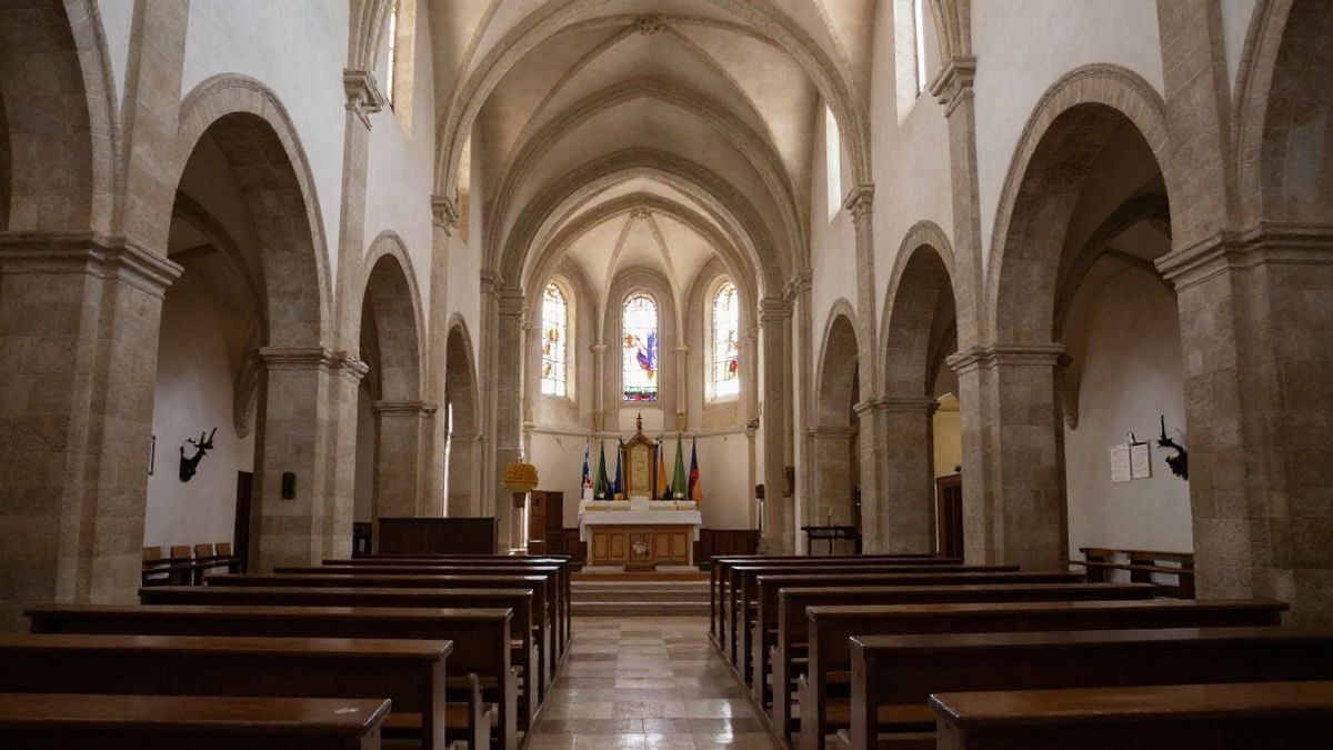 Imagen ilustrativa: interior de una iglesia española con bancos vacíos y luz natural entrando por las vidrieras