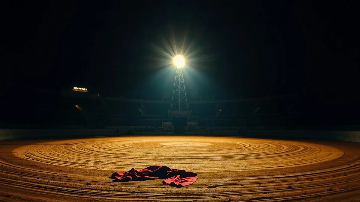 Imagen ilustrativa: plaza de toros vacía de noche, con un foco sobre la arena y un capote rojo en el suelo.