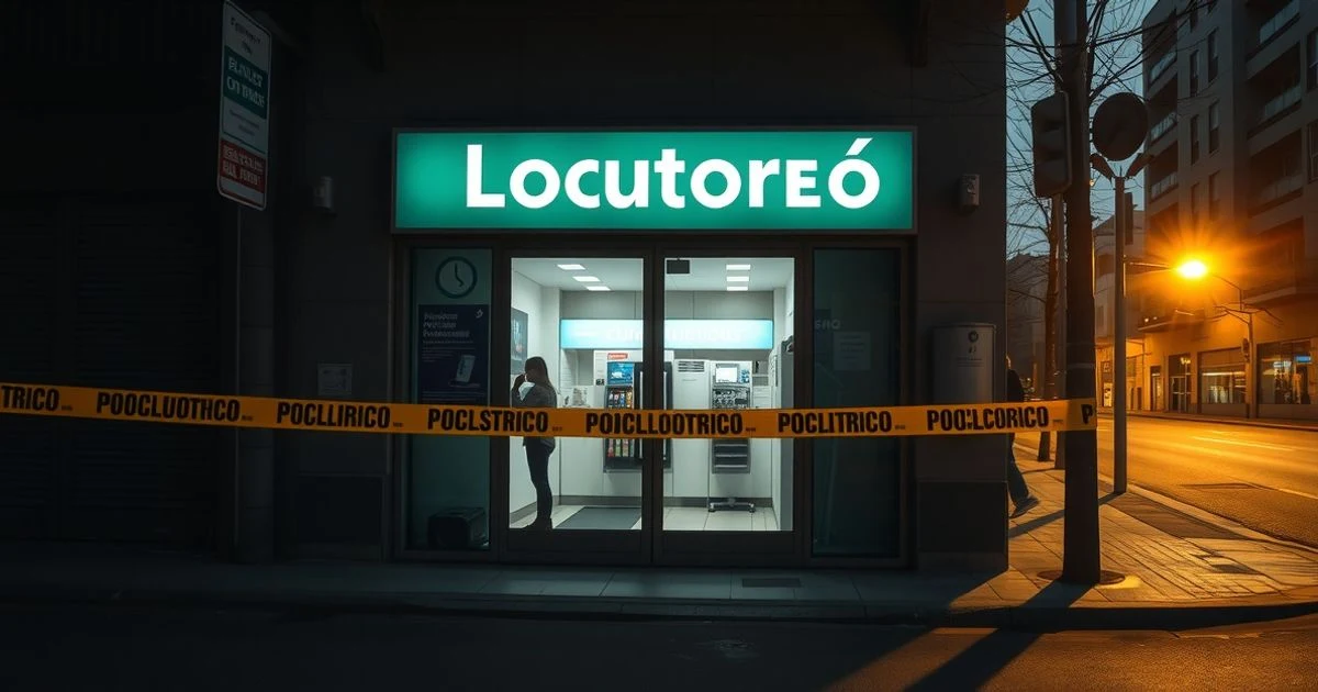 Facade of a locutorio with police tape in Torremolinos at sunset